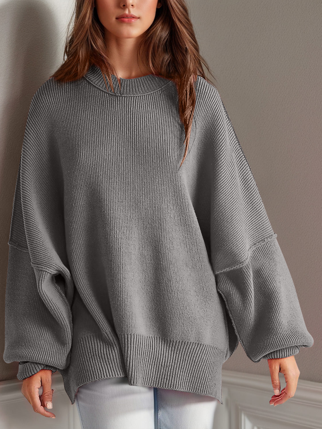 Double Take Side Slit Round Neck Long Sleeve Sweater - ViarousViarousViarous