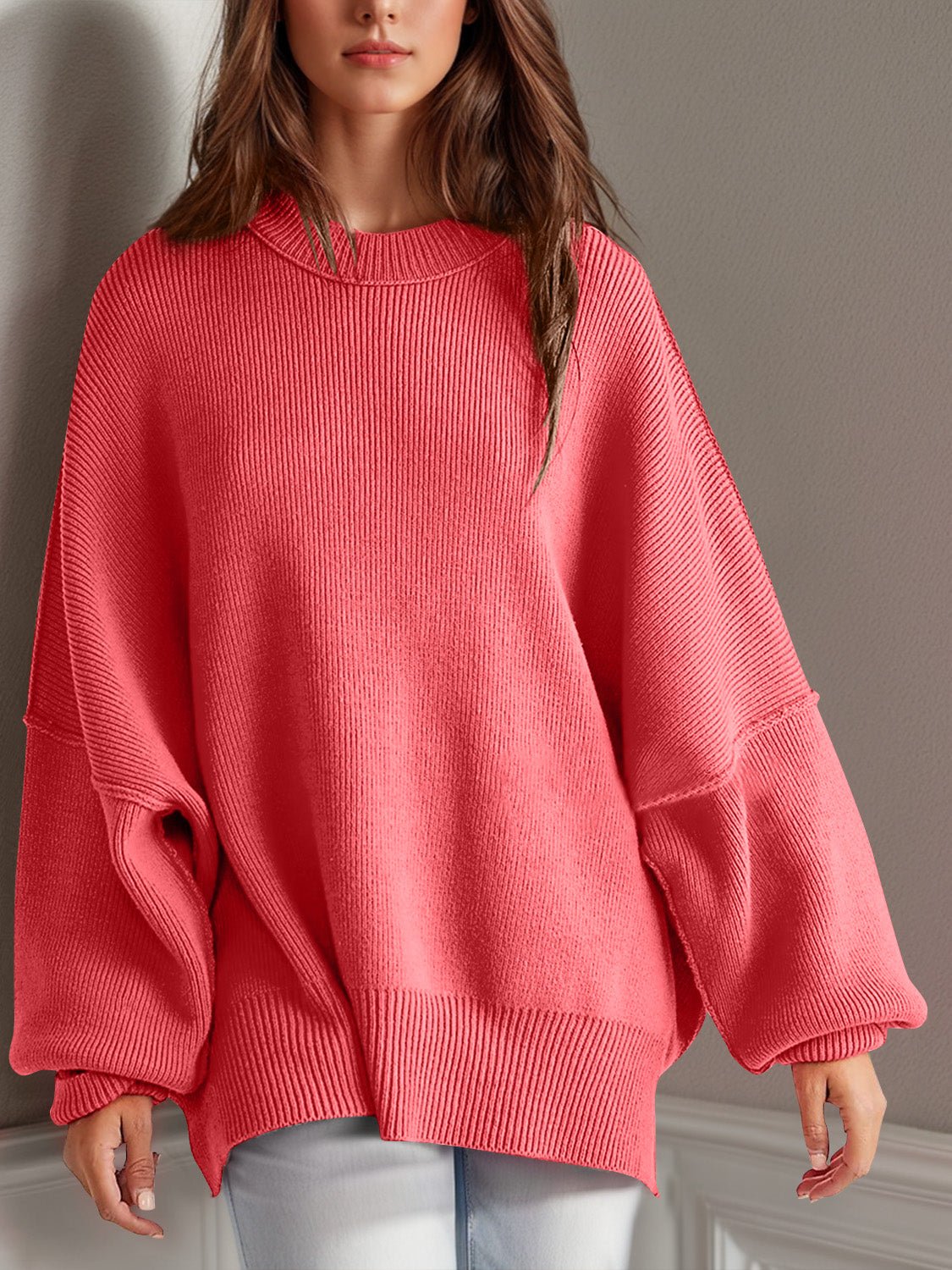 Double Take Side Slit Round Neck Long Sleeve Sweater - ViarousViarousViarous