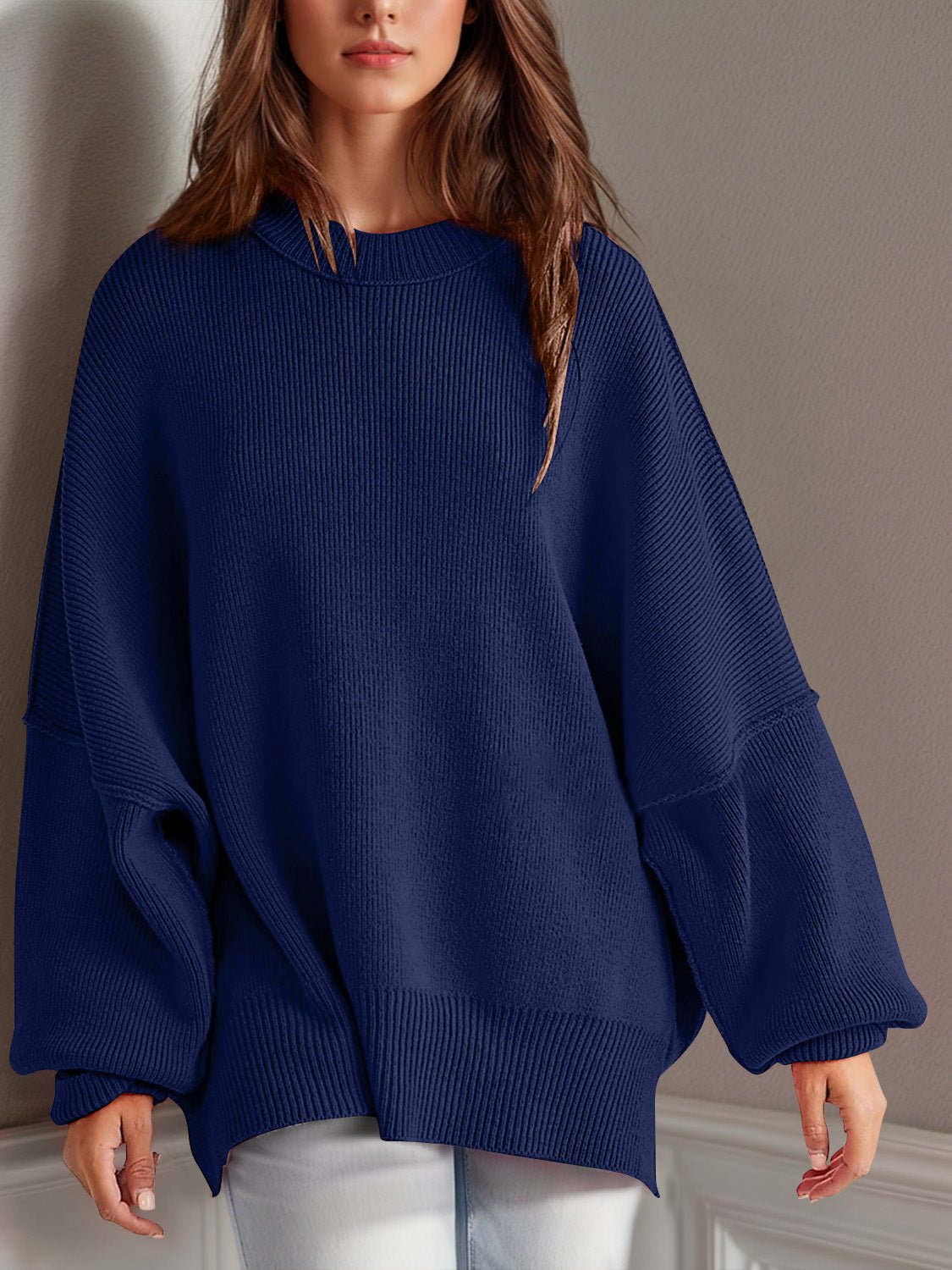 Double Take Side Slit Round Neck Long Sleeve Sweater - ViarousViarousViarous