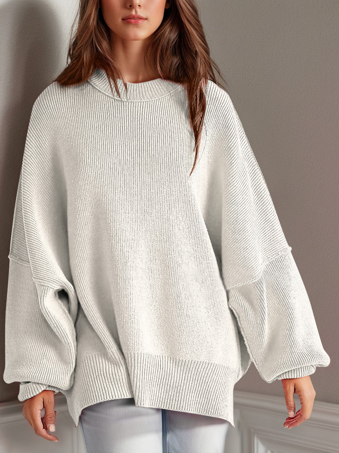 Double Take Side Slit Round Neck Long Sleeve Sweater - ViarousViarousViarous