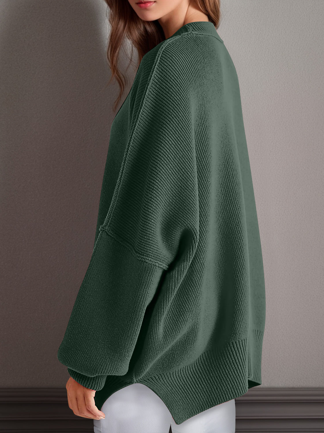 Double Take Side Slit Round Neck Long Sleeve Sweater - ViarousViarousViarous