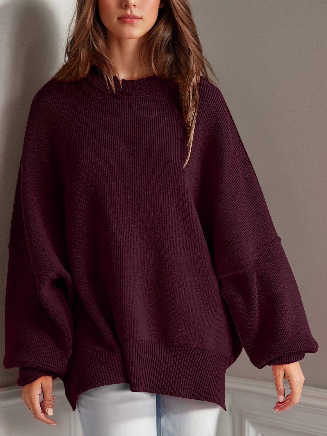 Double Take Side Slit Round Neck Long Sleeve Sweater - ViarousViarousViarous
