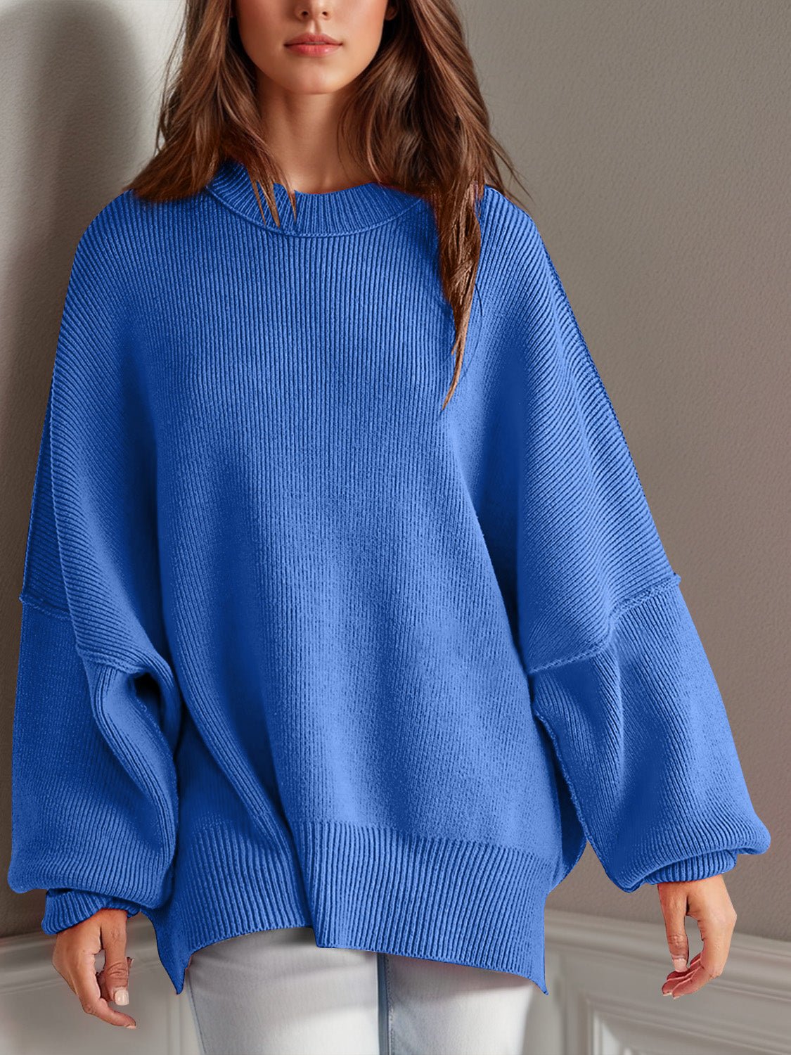 Double Take Side Slit Round Neck Long Sleeve Sweater - ViarousViarousViarous