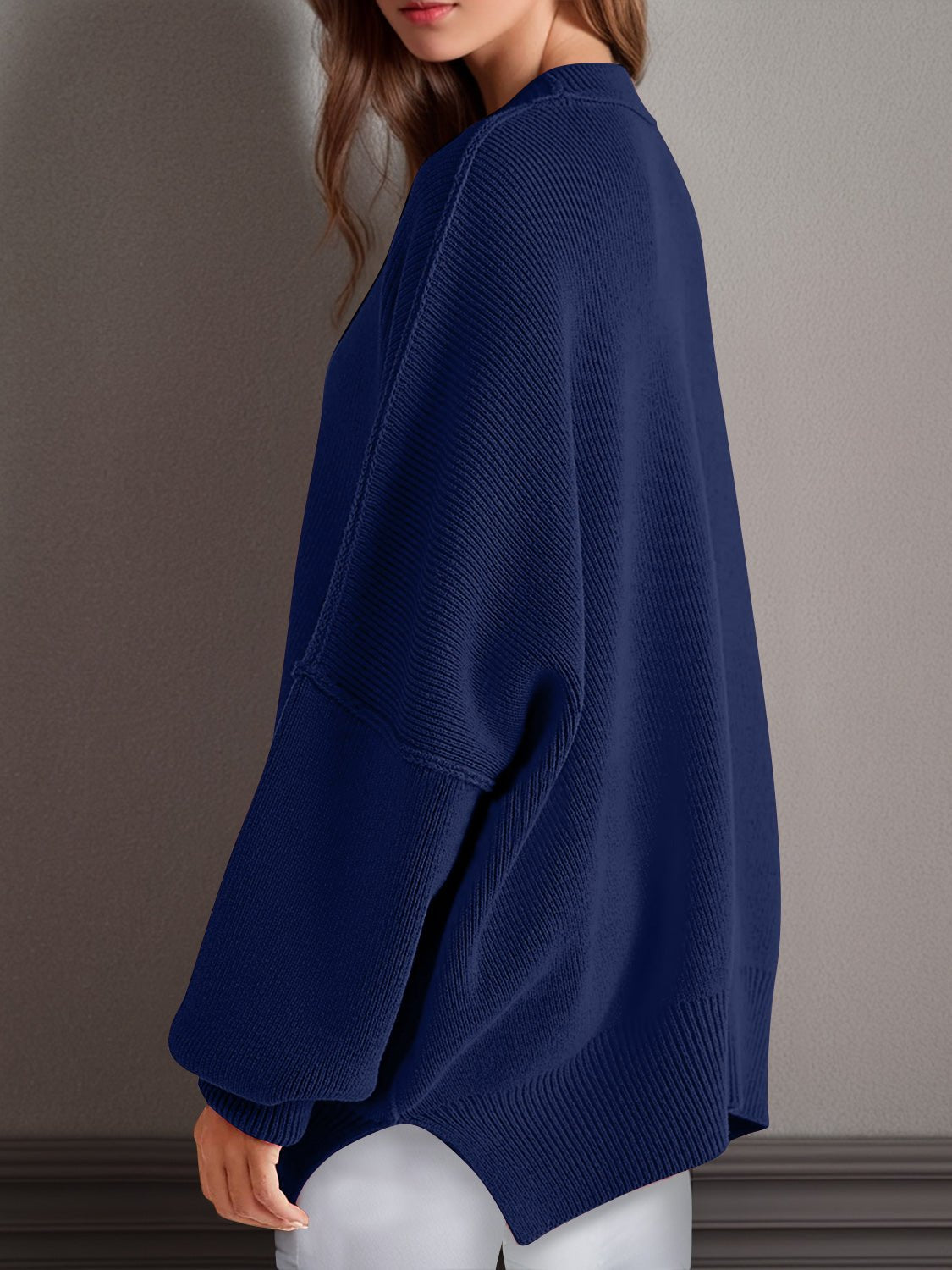 Double Take Side Slit Round Neck Long Sleeve Sweater - ViarousViarousViarous