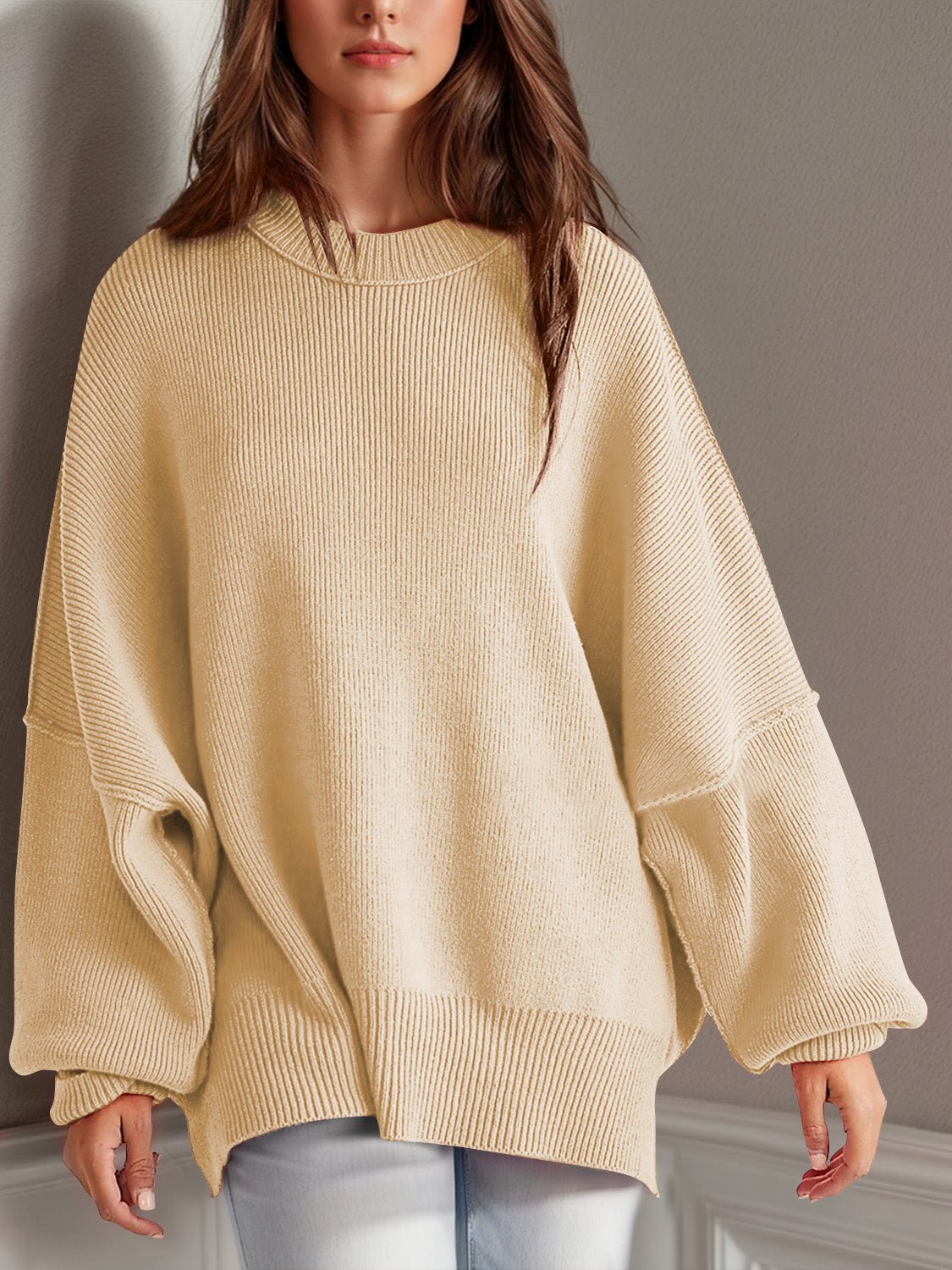 Double Take Side Slit Round Neck Long Sleeve Sweater - ViarousViarousViarous