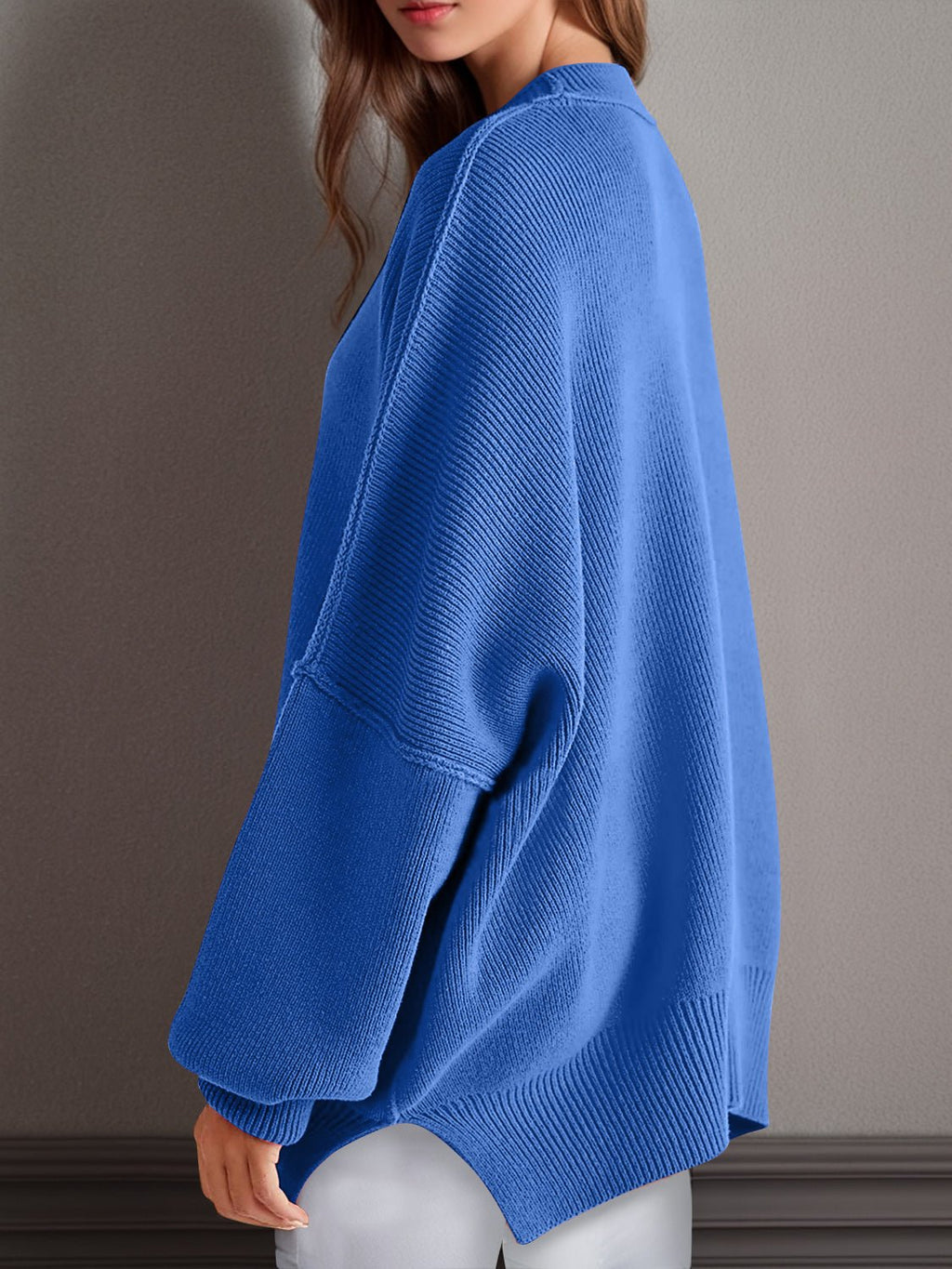 Double Take Side Slit Round Neck Long Sleeve Sweater - ViarousViarousViarous