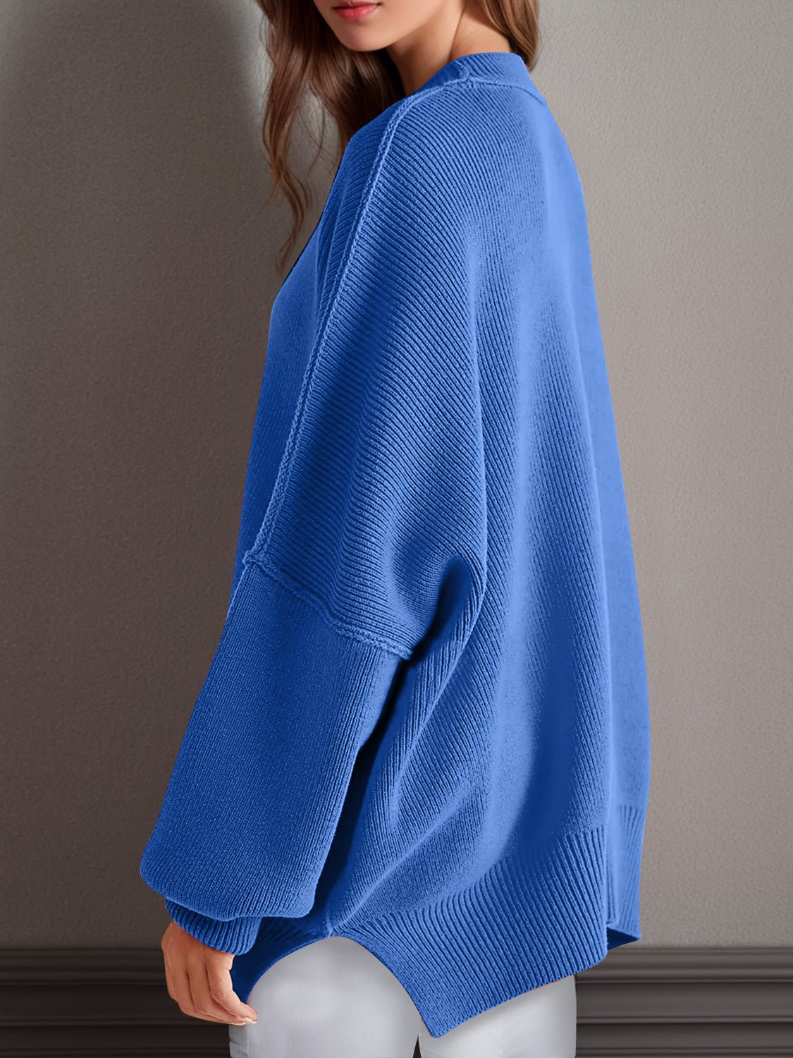 Double Take Side Slit Round Neck Long Sleeve Sweater - ViarousViarousViarous