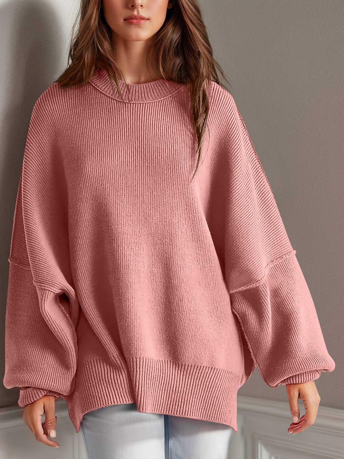 Double Take Side Slit Round Neck Long Sleeve Sweater - ViarousViarousViarous