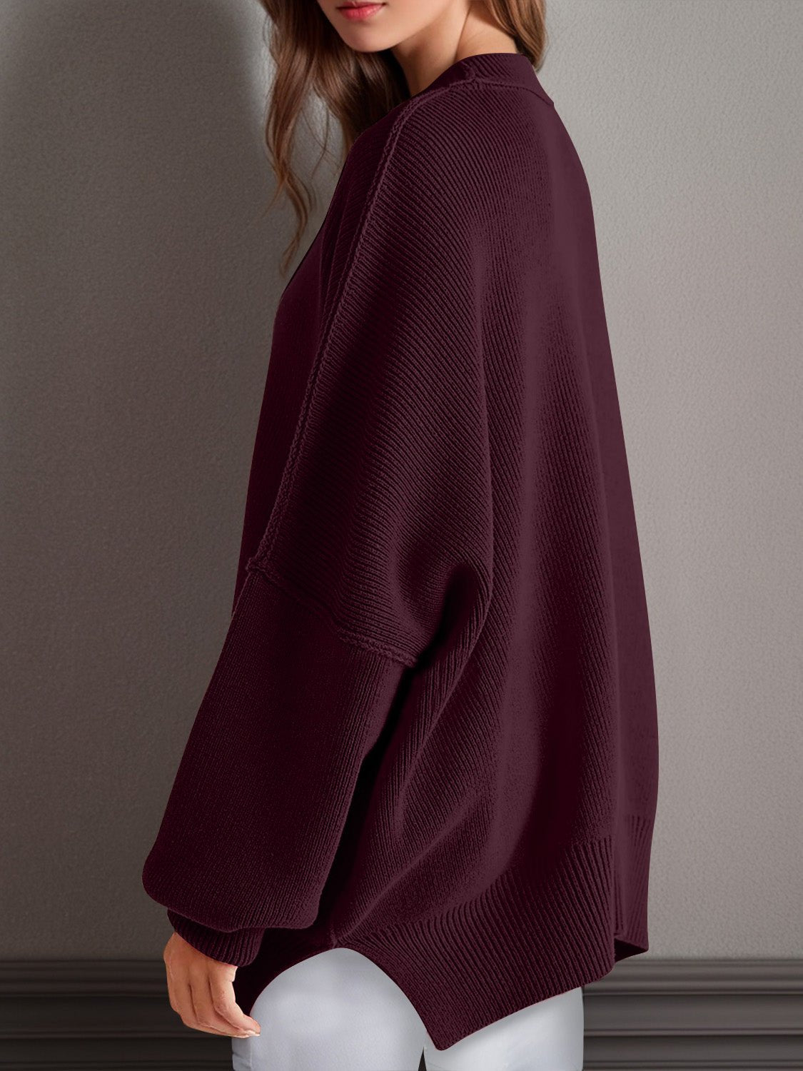 Double Take Side Slit Round Neck Long Sleeve Sweater - ViarousViarousViarous