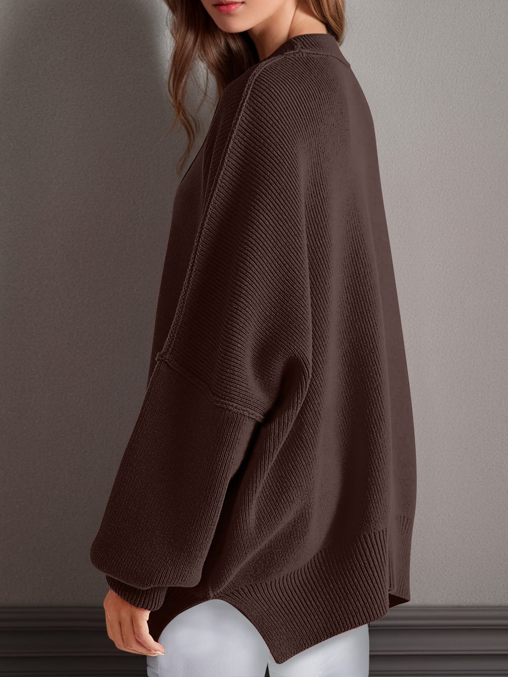Double Take Side Slit Round Neck Long Sleeve Sweater - ViarousViarousViarous