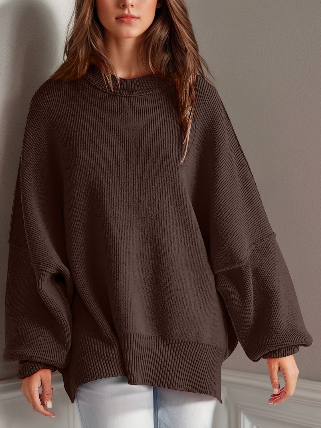 Double Take Side Slit Round Neck Long Sleeve Sweater - ViarousViarousViarous