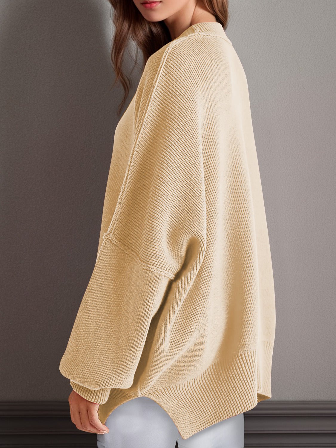 Double Take Side Slit Round Neck Long Sleeve Sweater - ViarousViarousViarous