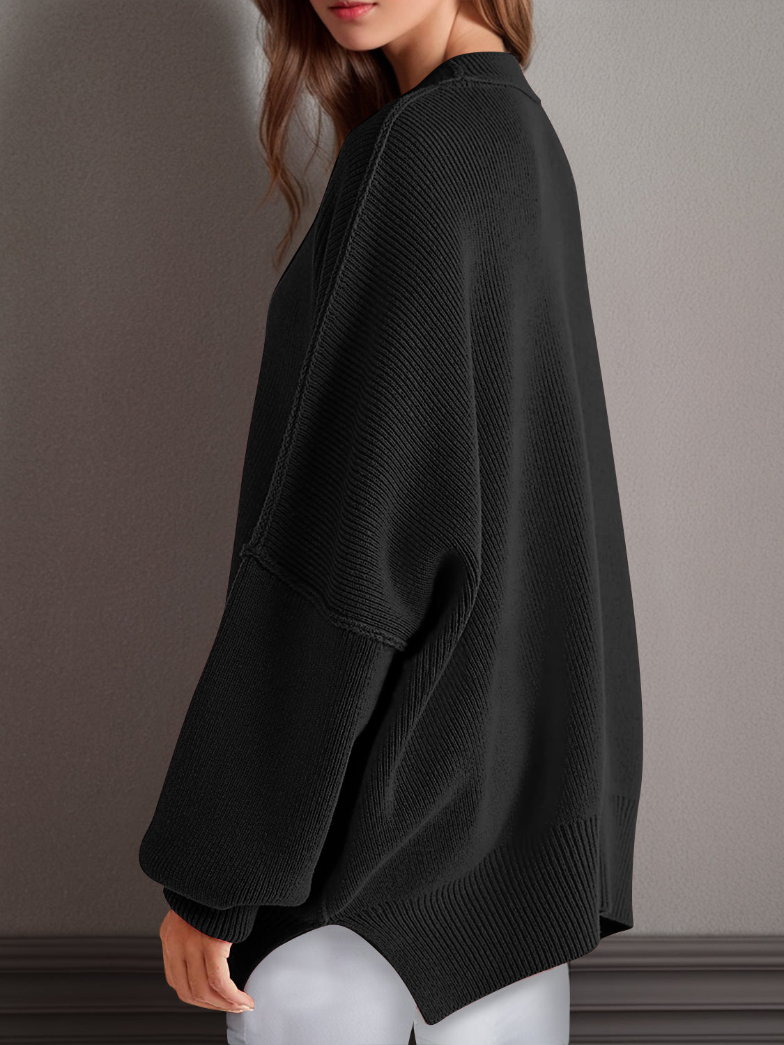 Double Take Side Slit Round Neck Long Sleeve Sweater - ViarousViarousViarous