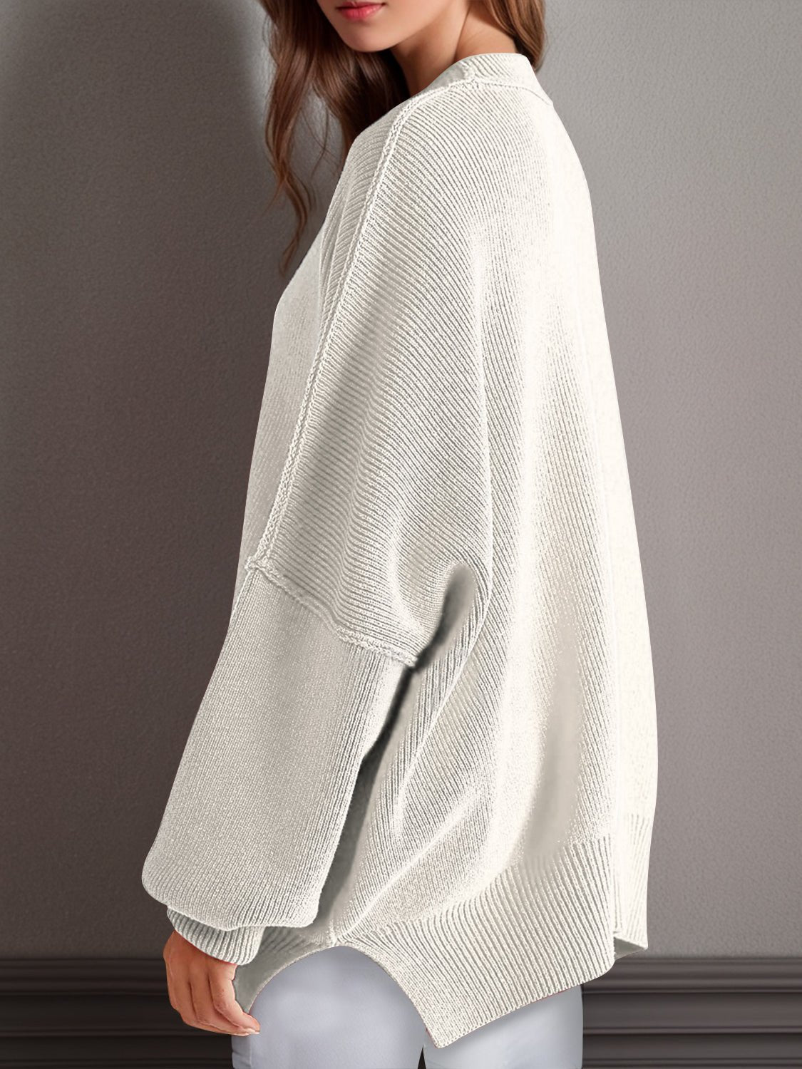Double Take Side Slit Round Neck Long Sleeve Sweater - ViarousViarousViarous