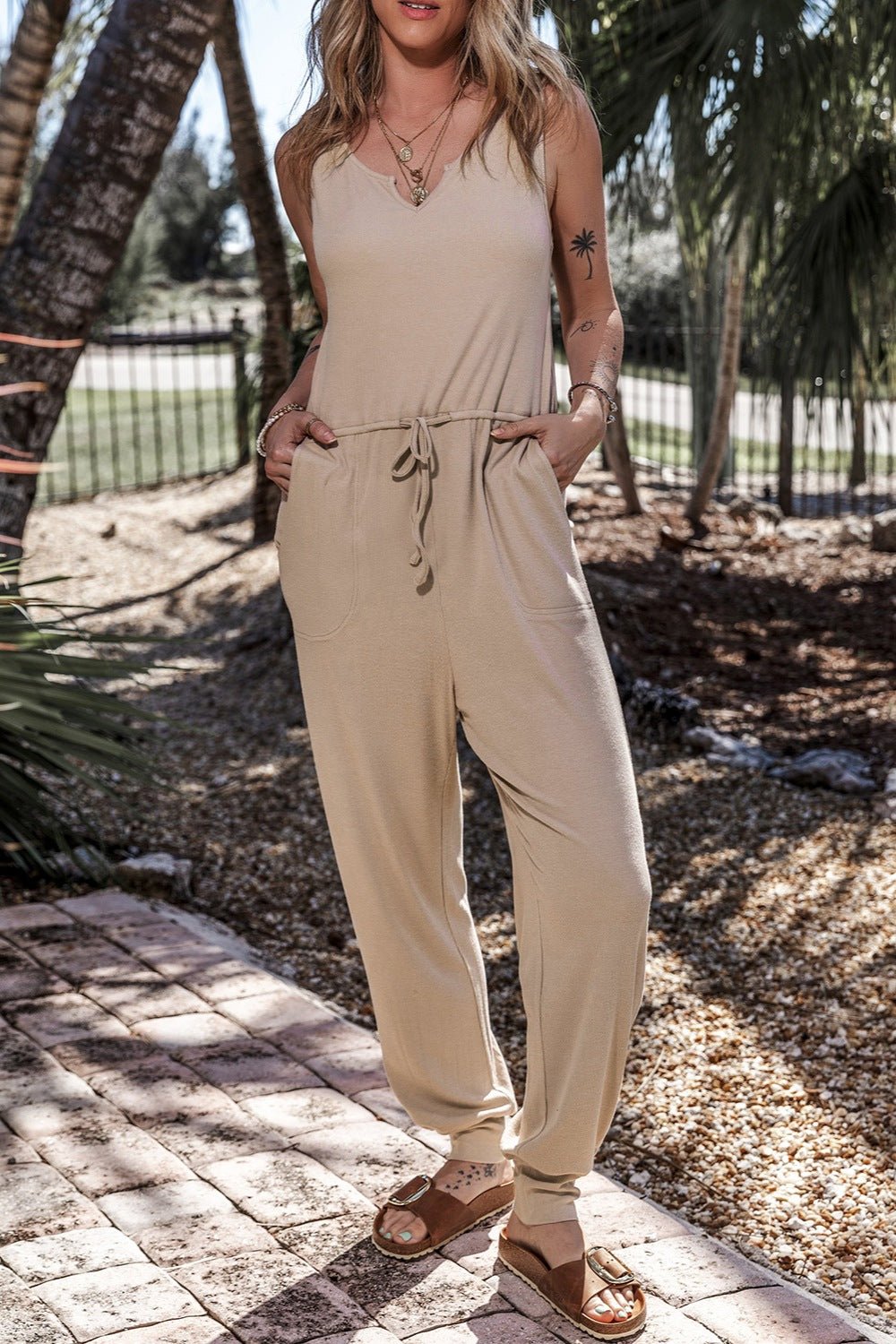 Drawstring Notched Wide Strap Jumpsuit - ViarousViarousViarous