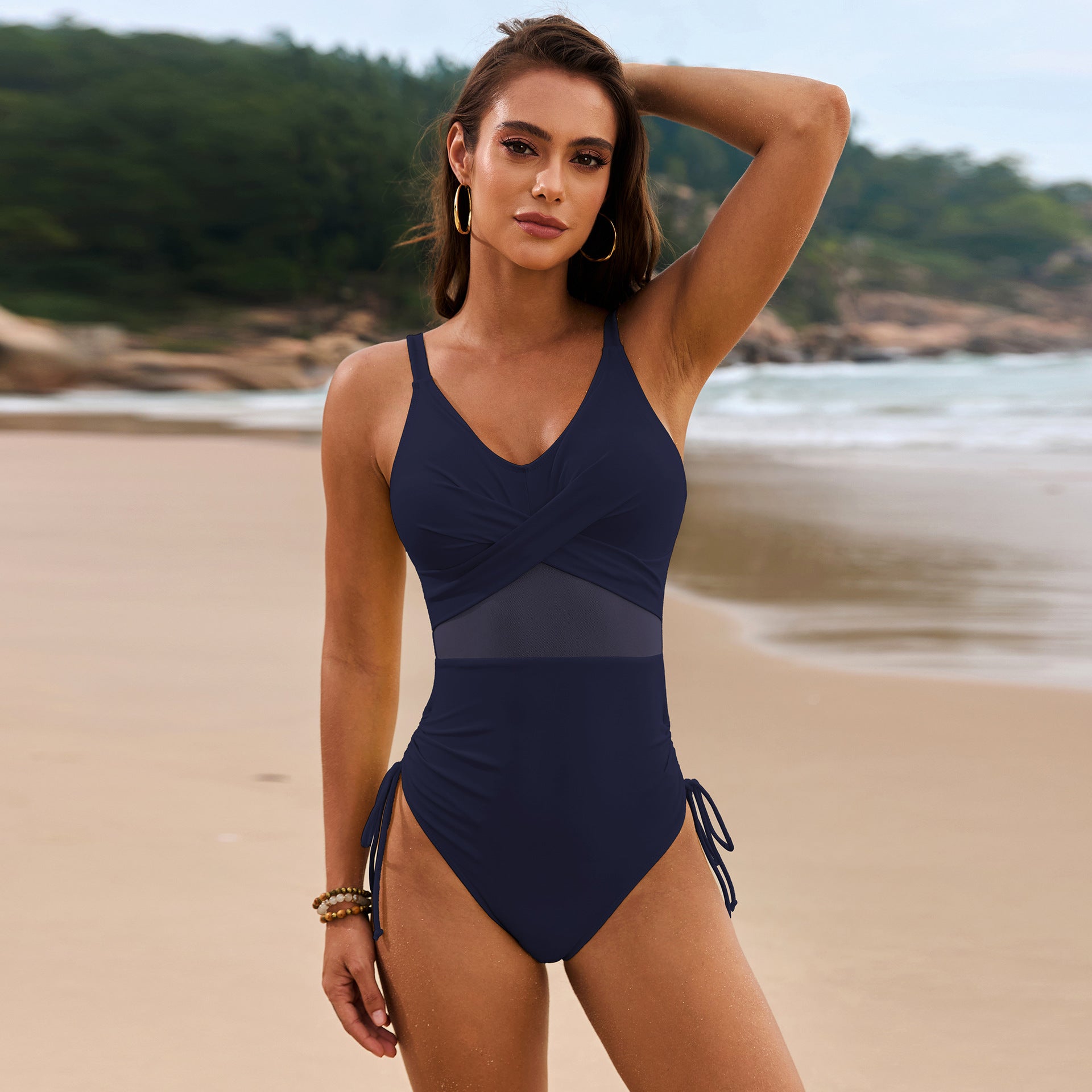 Drawstring Ruched V - Neck One - Piece Swimwear - ViarousViarousViarous