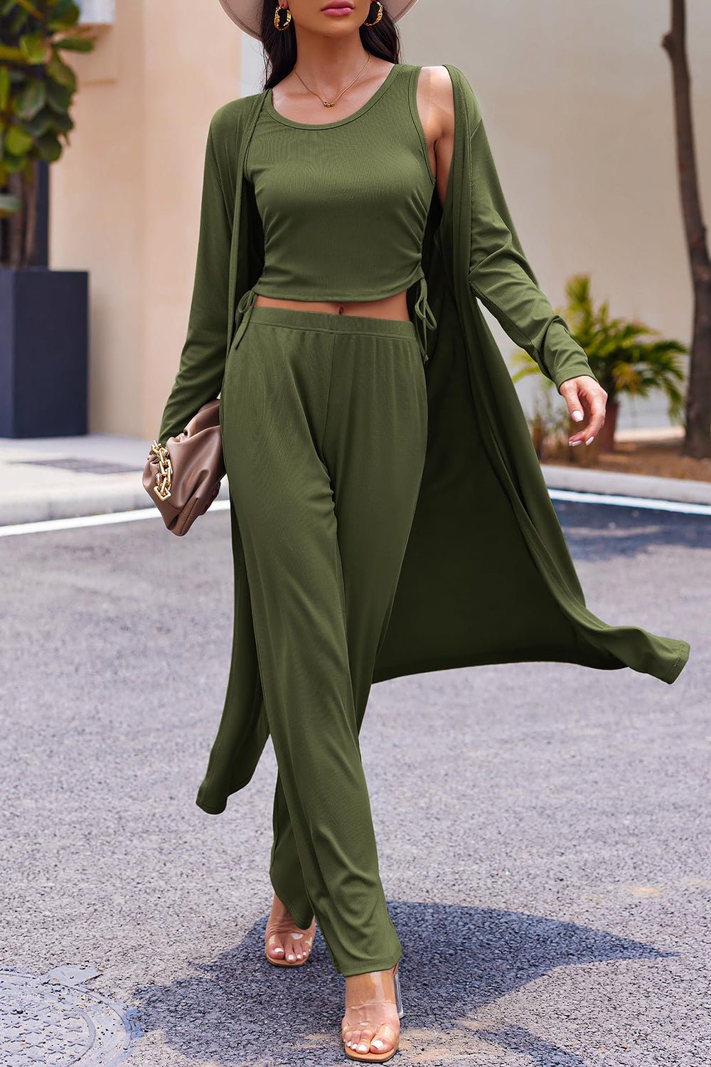 Drawstring Tank, Long Sleeve Cover Up and Pants Set - ViarousViarousViarous
