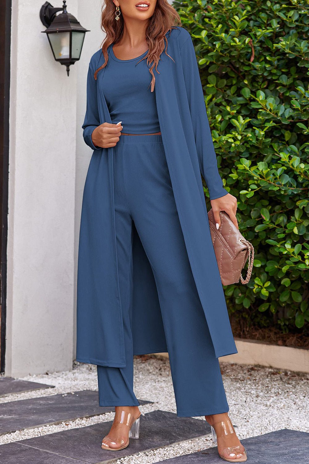 Drawstring Tank, Long Sleeve Cover Up and Pants Set - ViarousViarousViarous