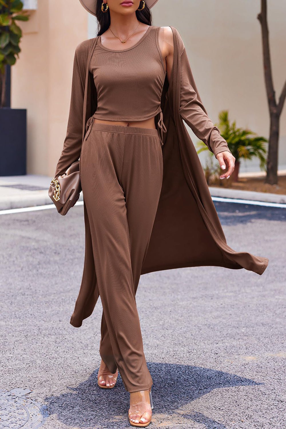 Drawstring Tank, Long Sleeve Cover Up and Pants Set - ViarousViarousViarous