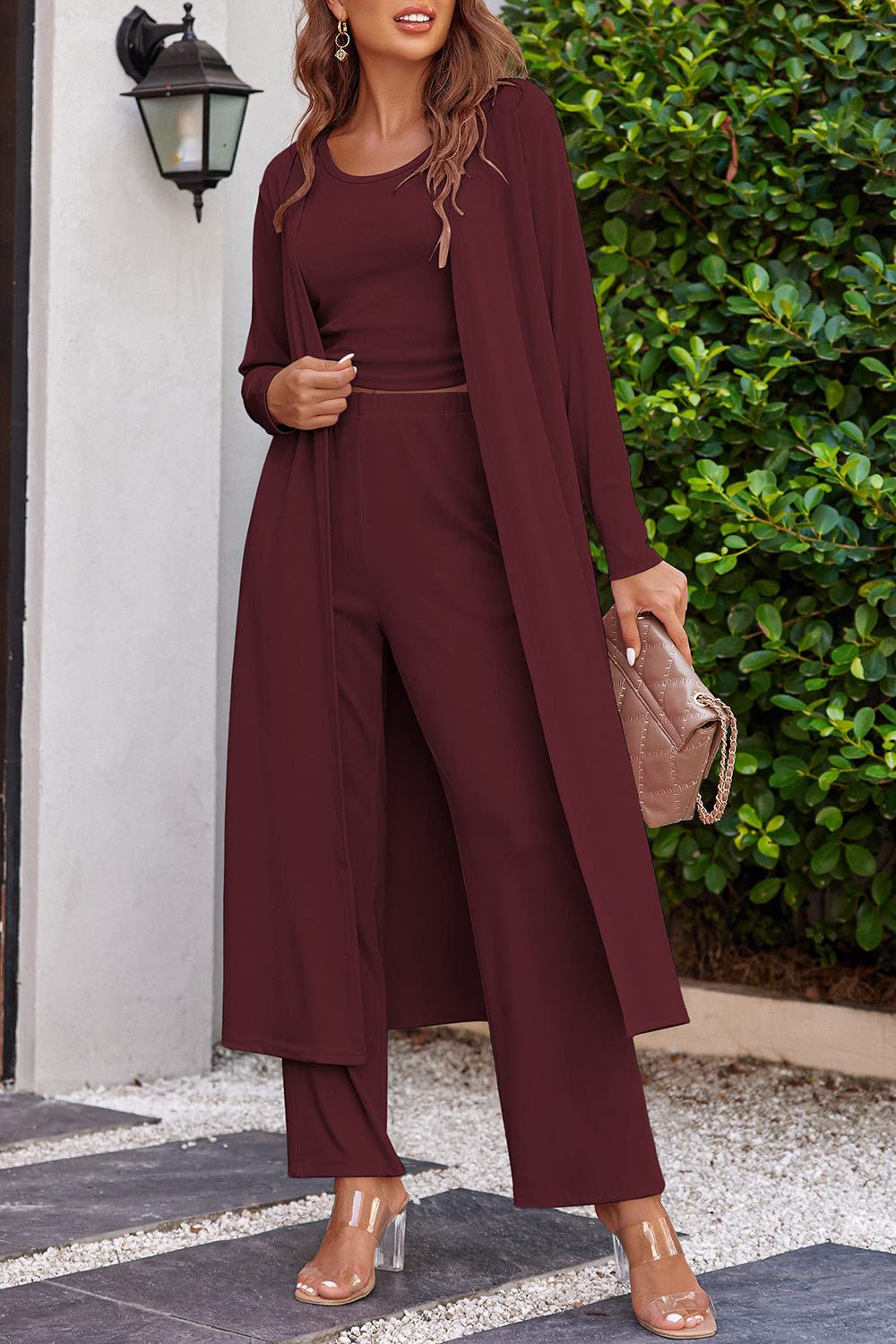 Drawstring Tank, Long Sleeve Cover Up and Pants Set - ViarousViarousViarous