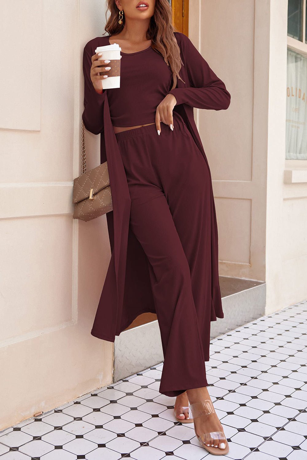 Drawstring Tank, Long Sleeve Cover Up and Pants Set - ViarousViarousViarous