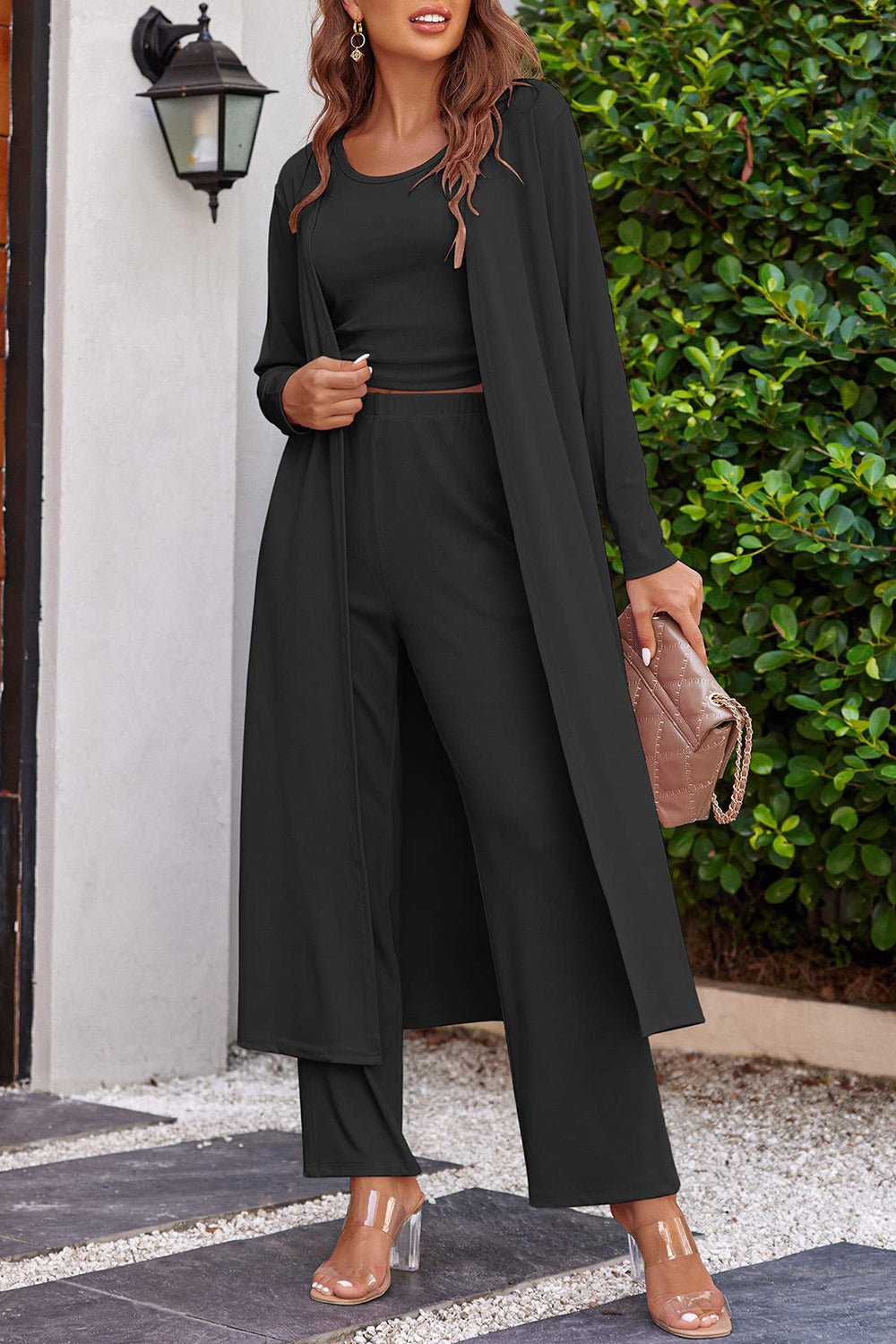 Drawstring Tank, Long Sleeve Cover Up and Pants Set - ViarousViarousViarous