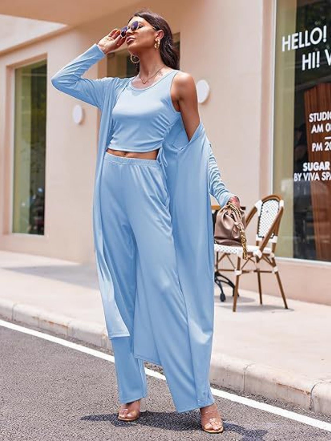 Drawstring Tank, Long Sleeve Cover Up and Pants Set - ViarousViarousViarous