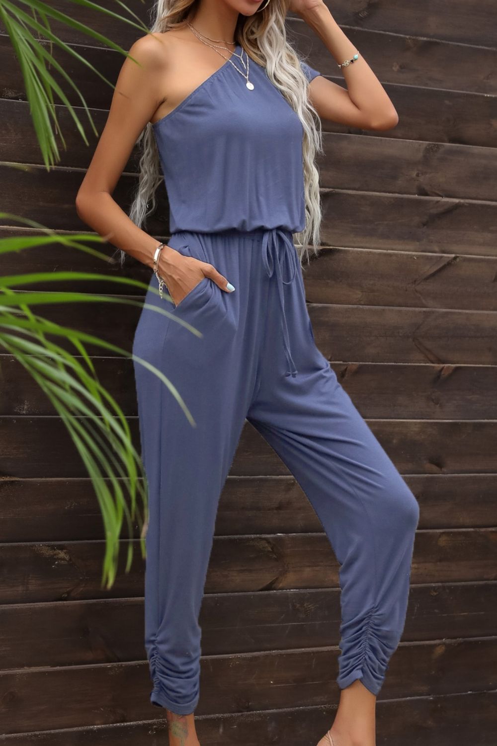 Drawstring Waist One - Shoulder Jumpsuit with Pockets - ViarousViarousViarous
