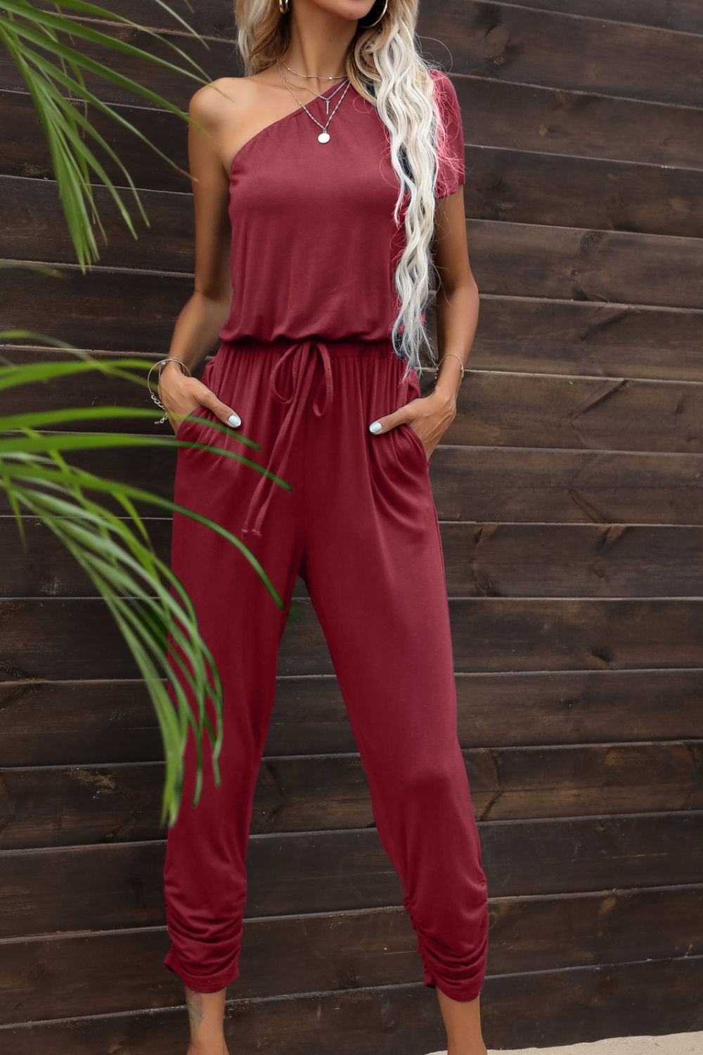 Drawstring Waist One - Shoulder Jumpsuit with Pockets - ViarousViarousViarous