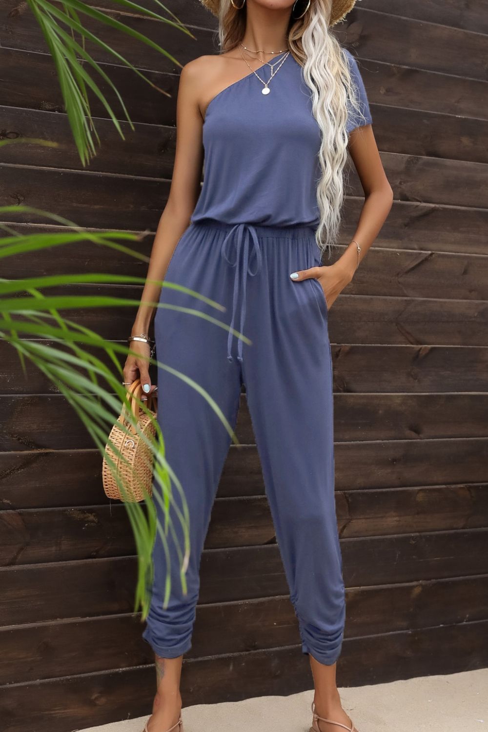 Drawstring Waist One - Shoulder Jumpsuit with Pockets - ViarousViarousViarous
