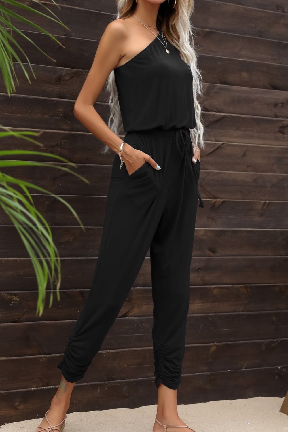 Drawstring Waist One - Shoulder Jumpsuit with Pockets - ViarousViarousViarous
