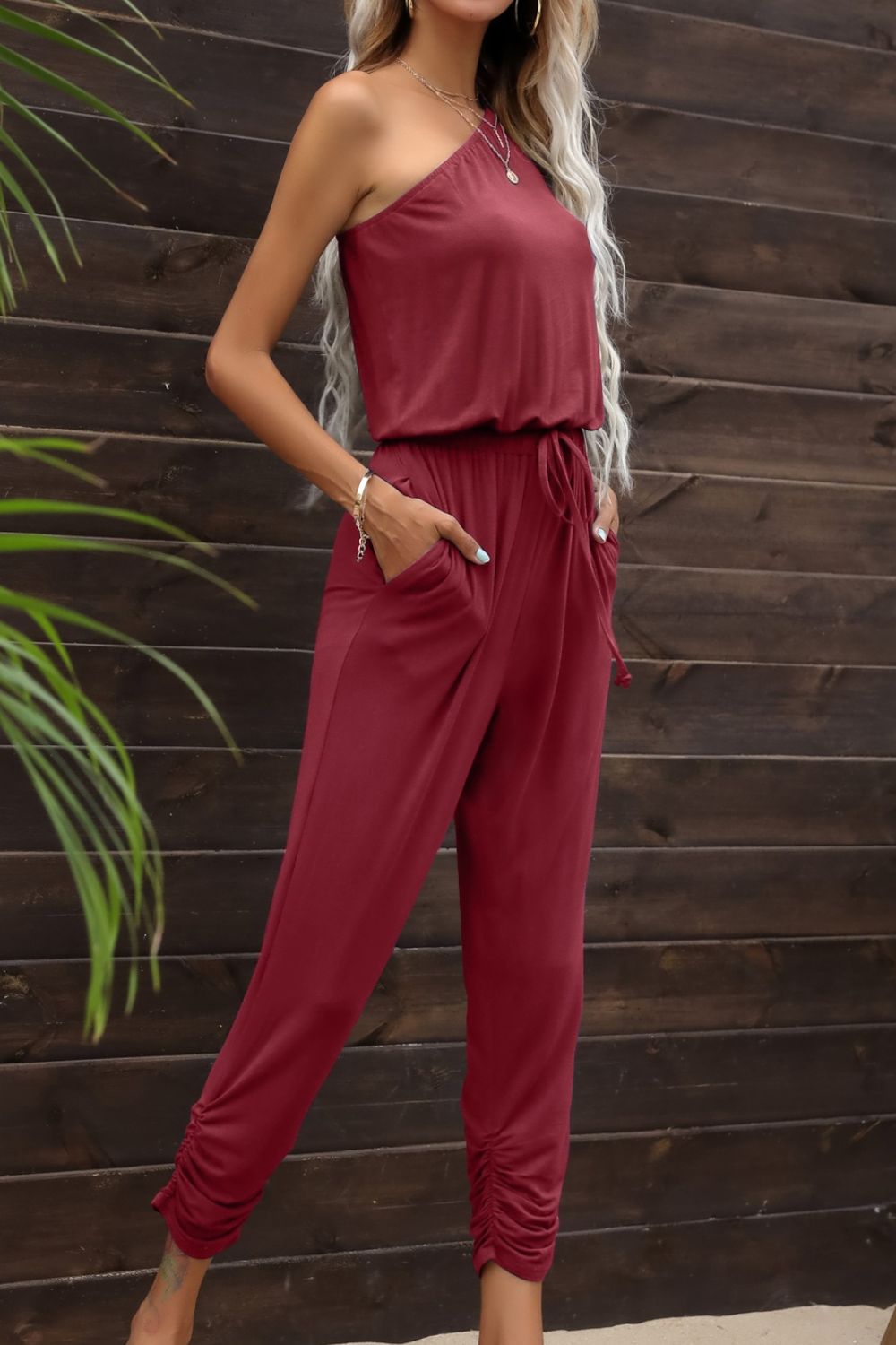 Drawstring Waist One - Shoulder Jumpsuit with Pockets - ViarousViarousViarous