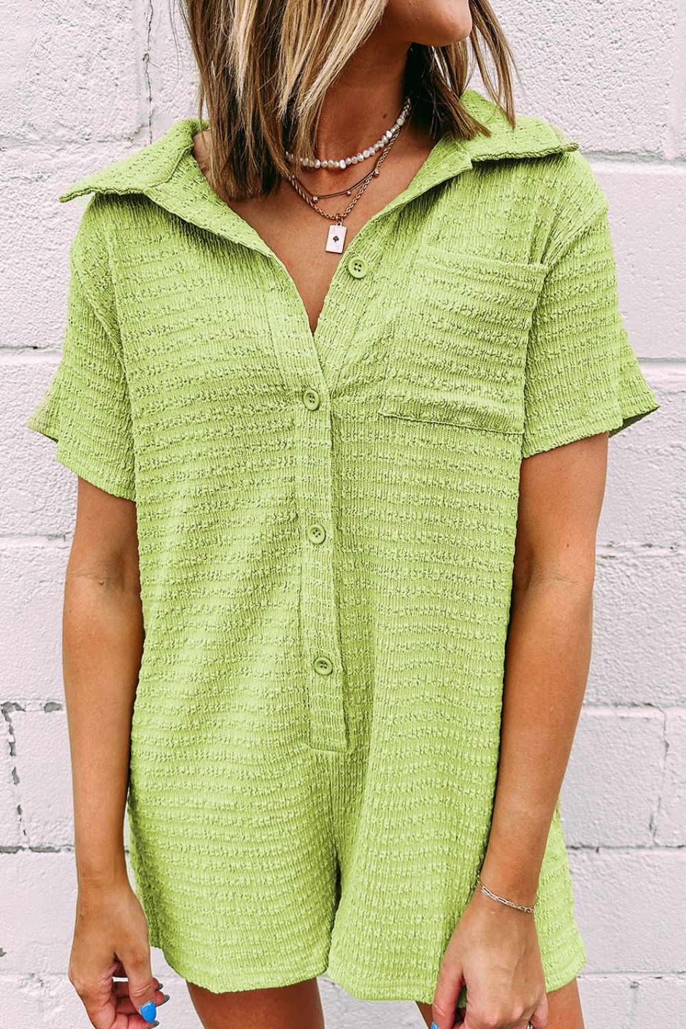 Textured Short Sleeve Patched Pocket Buttoned Romper - Viarous