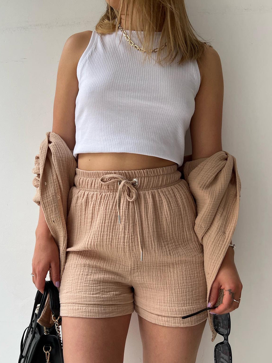 Texture Button Up Shirt and Drawstring Shorts Set - Viarous