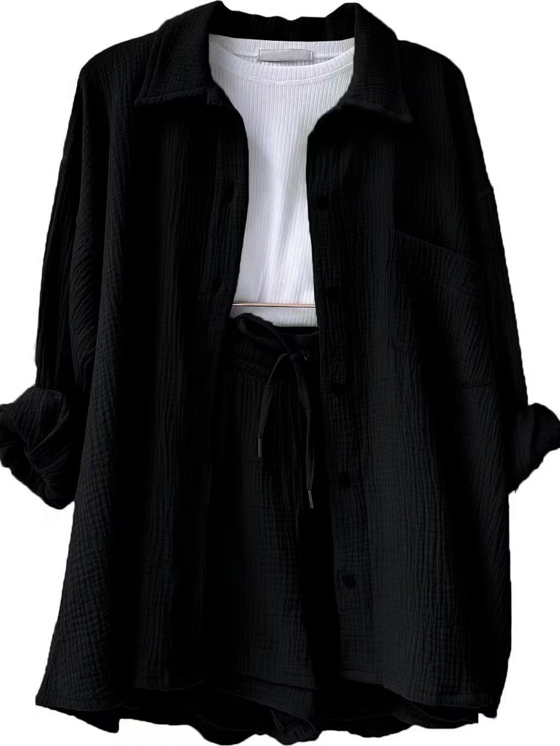 Texture Button Up Shirt and Drawstring Shorts Set - Viarous
