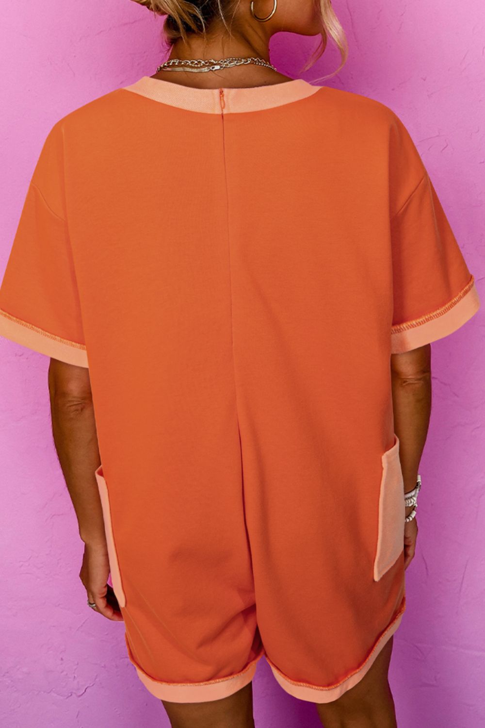 Two-Tone Short Sleeve V Neck Patched Pocket Romper - Viarous