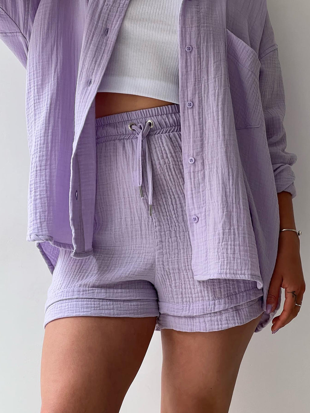 Texture Button Up Shirt and Drawstring Shorts Set - Viarous