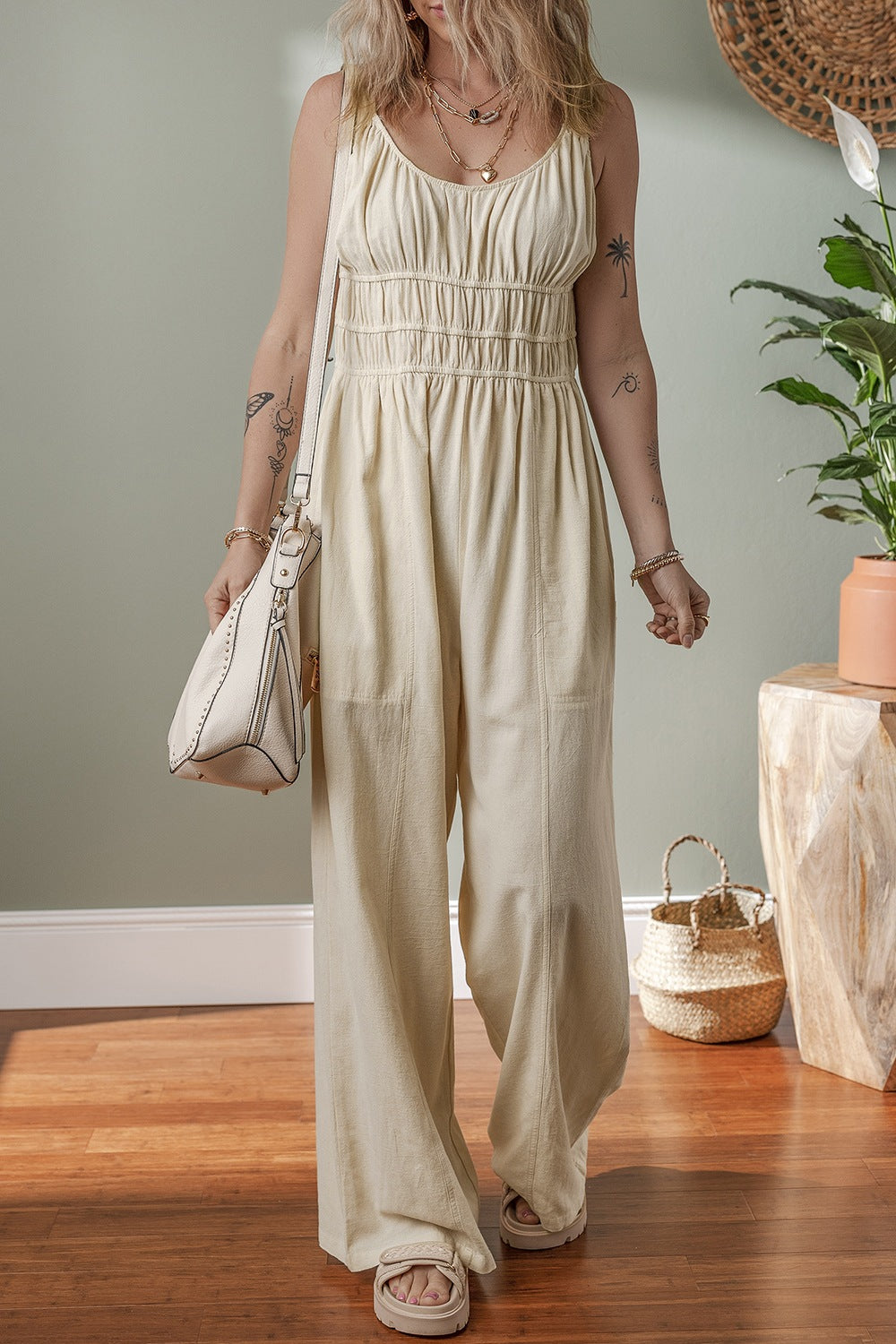 Ruched Sleeveless Wide Leg Jumpsuit - Viarous