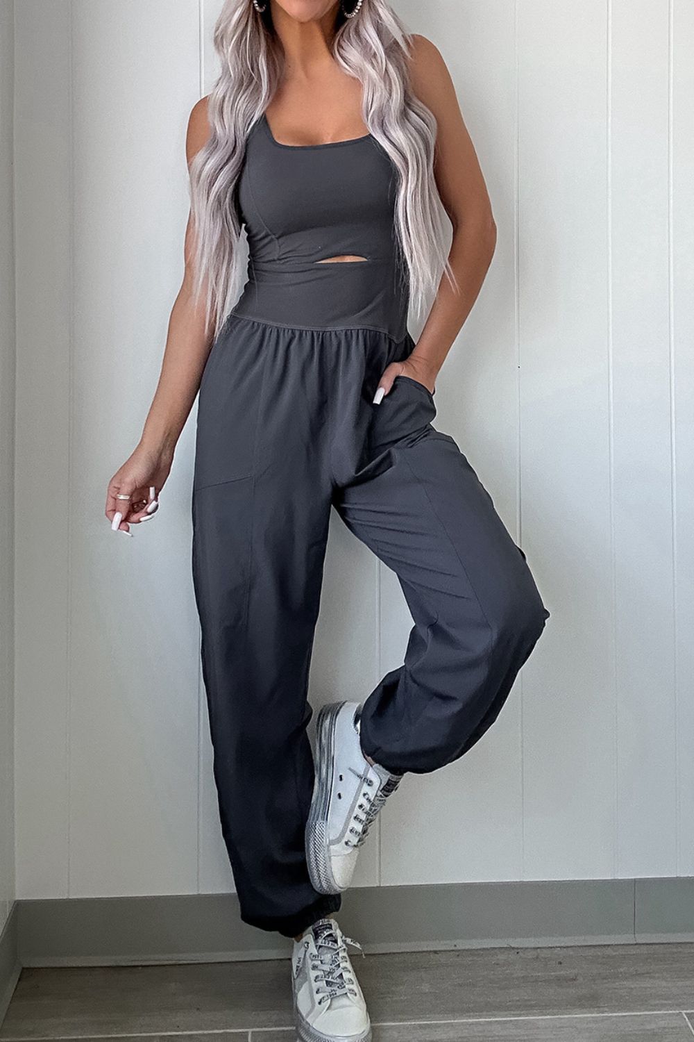 Cutout Square Neck Wide Strap Active Jumpsuit - Viarous