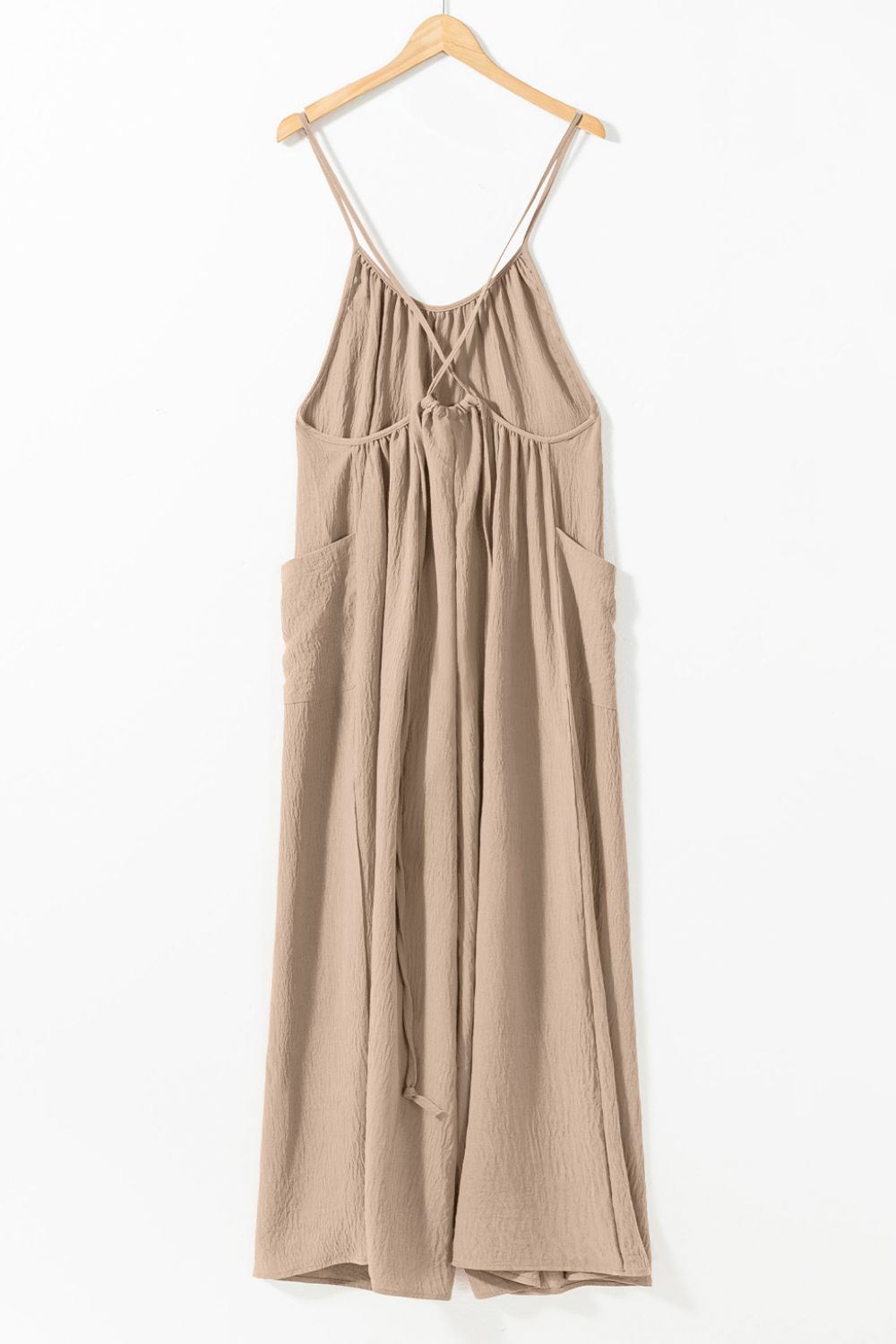 Spaghetti Strap Waist Tie Wide Leg Jumpsuit with Pockets - Viarous