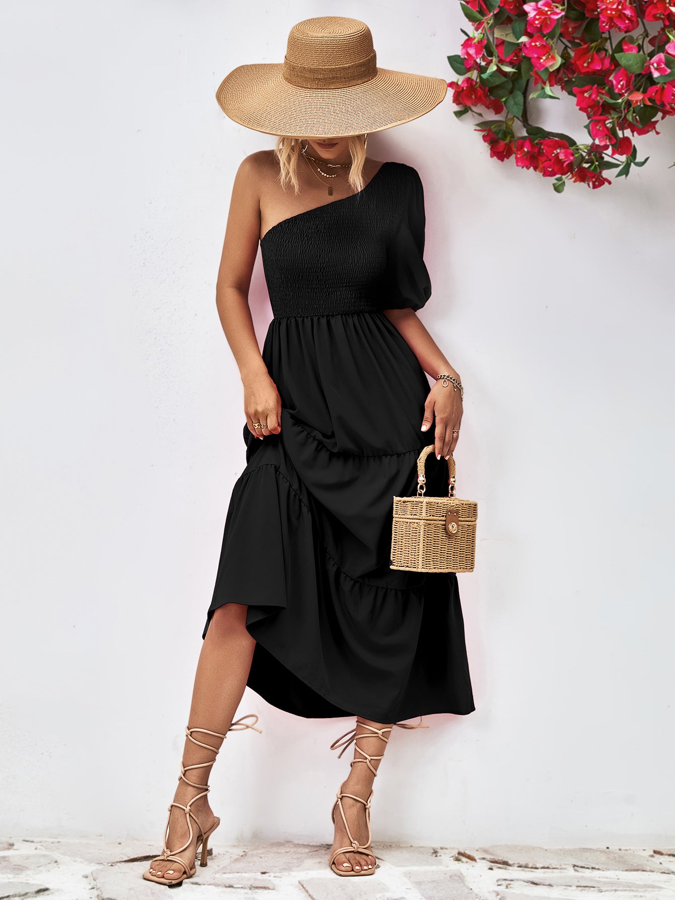Smocked One-Shoulder Midi Dress - Viarous