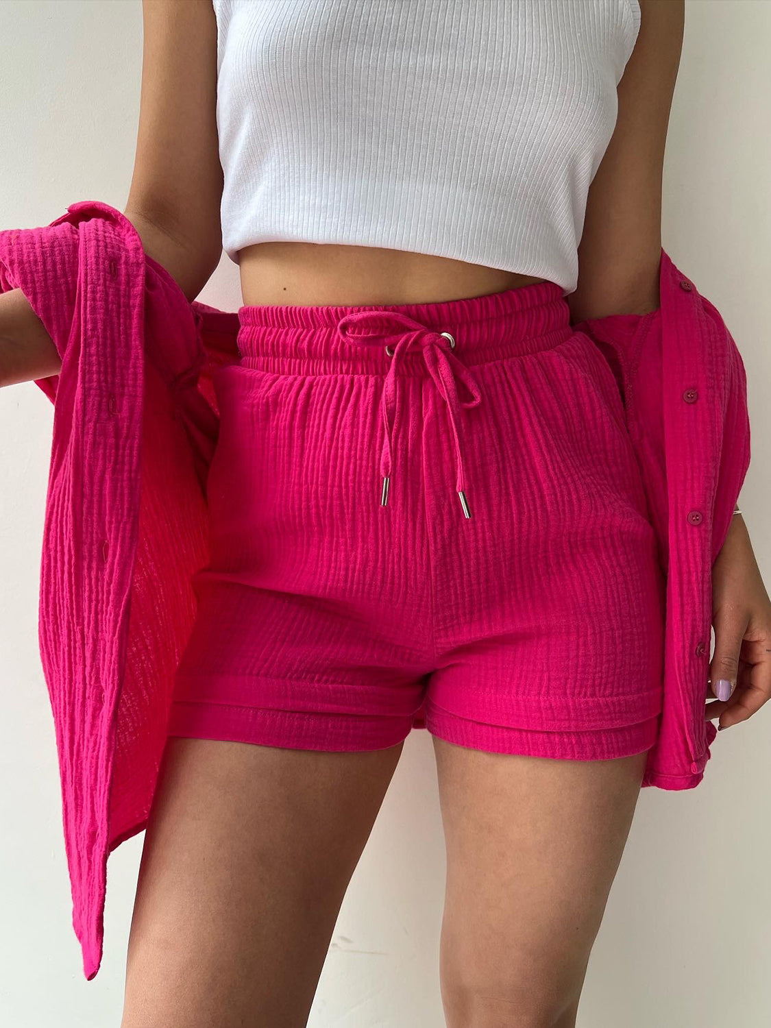 Texture Button Up Shirt and Drawstring Shorts Set - Viarous