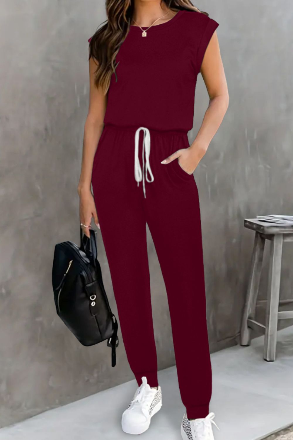 Drawstring Round Neck Sleeveless Jumpsuit - Viarous