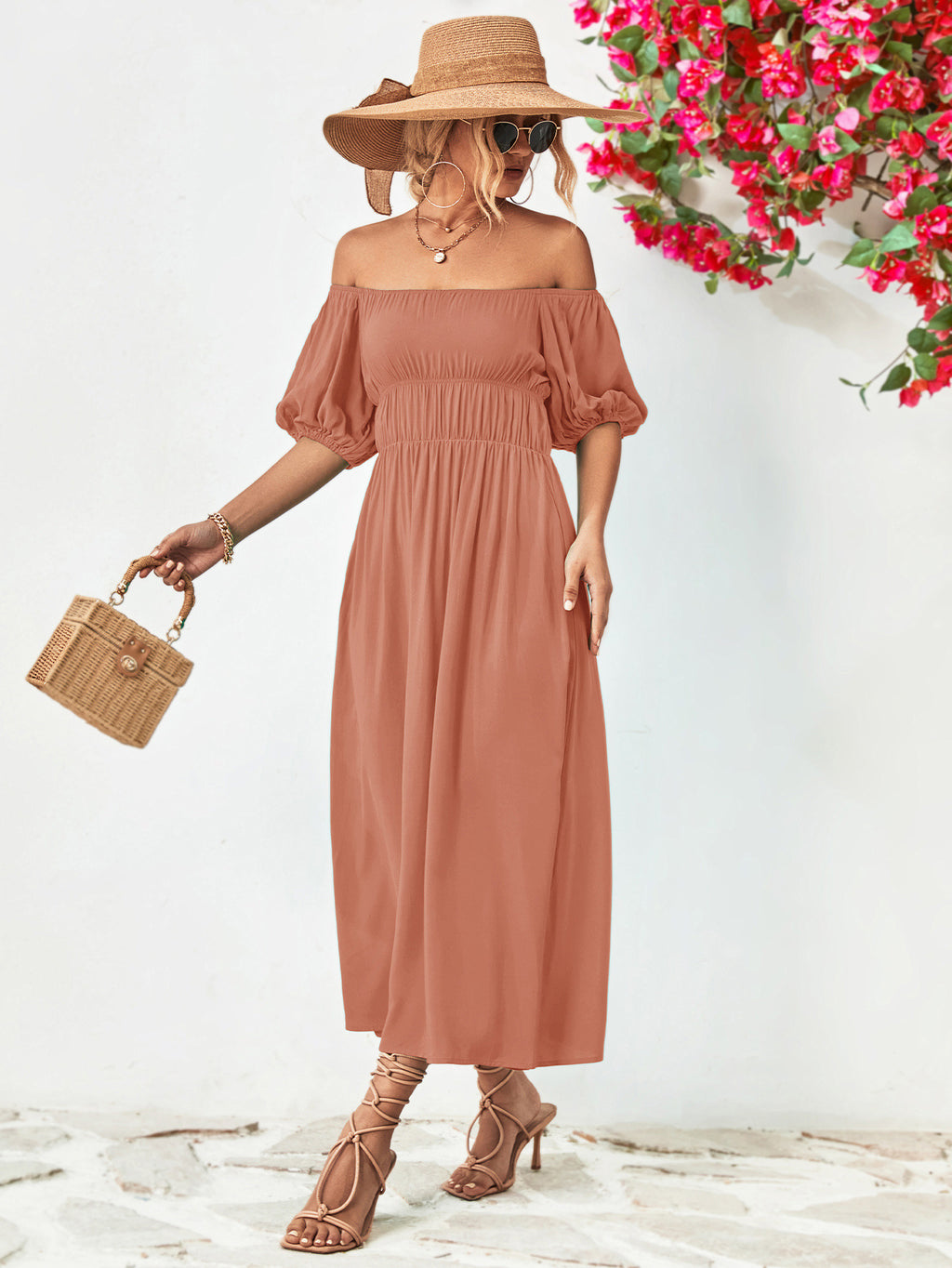 Off-Shoulder Balloon Sleeve Midi Dress - Viarous