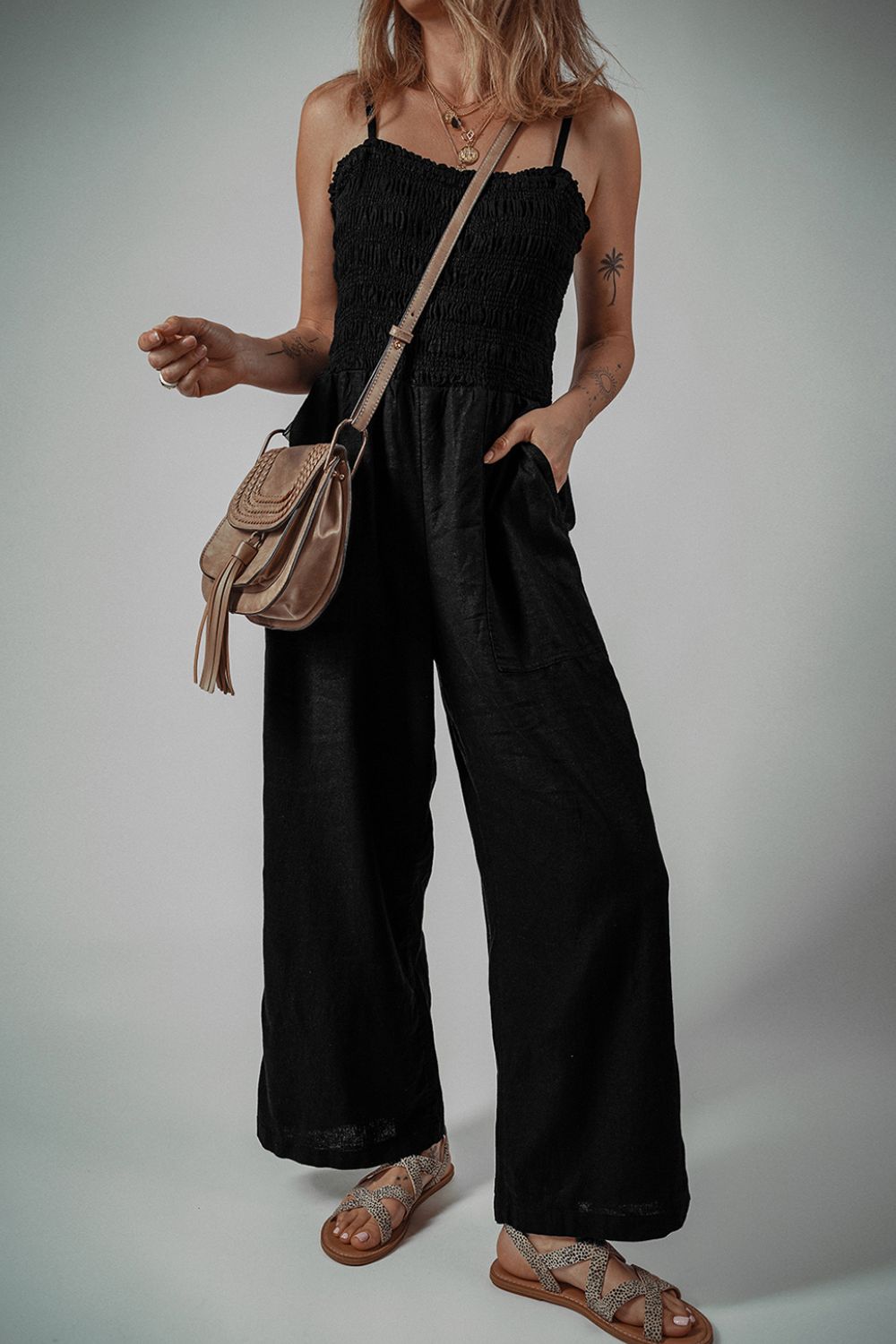 Smocked Spaghetti Straps Wide Leg Jumpsuit - Viarous