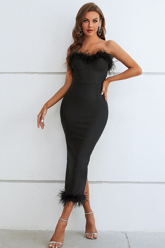 Feather Trim Strapless Sweetheart Neck Dress - ViarousViarousViarous