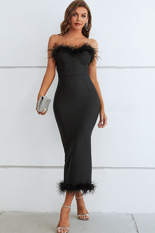 Feather Trim Strapless Sweetheart Neck Dress - ViarousViarousViarous