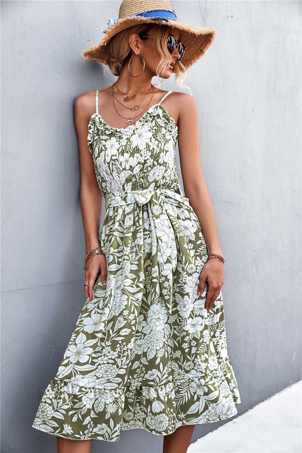 Floral Frill Trim Scoop Neck Spaghetti Strap Dress - ViarousViarousViarous