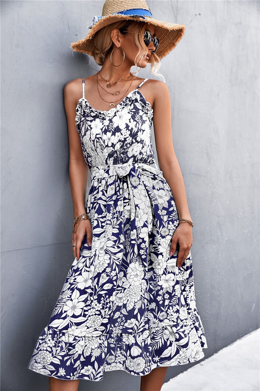 Floral Frill Trim Scoop Neck Spaghetti Strap Dress - ViarousViarousViarous