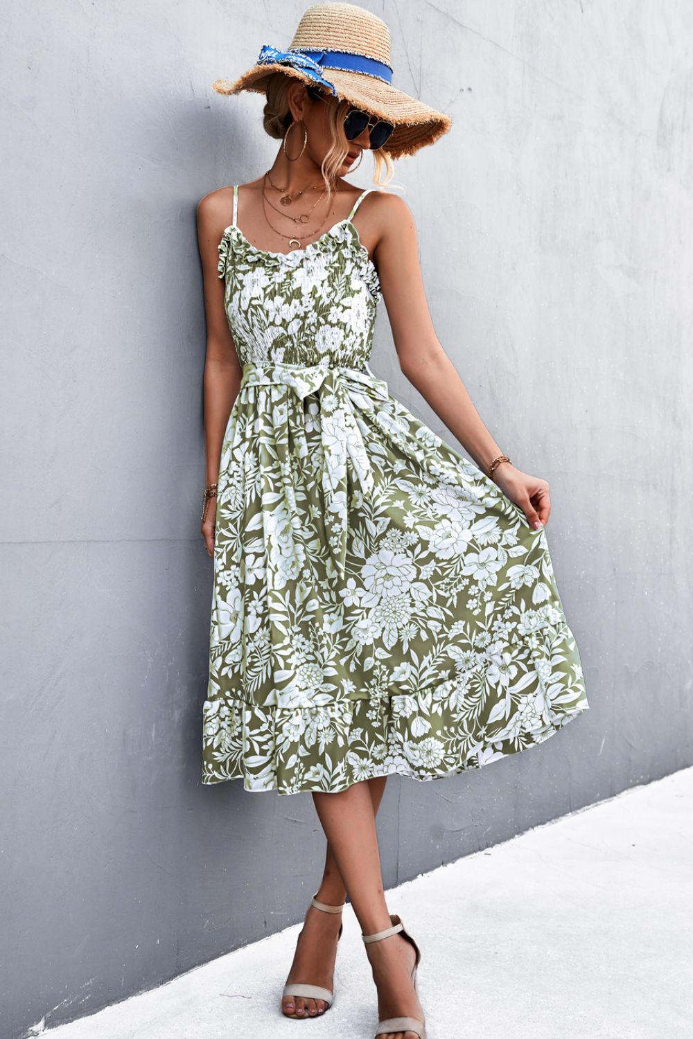 Floral Frill Trim Scoop Neck Spaghetti Strap Dress - ViarousViarousViarous